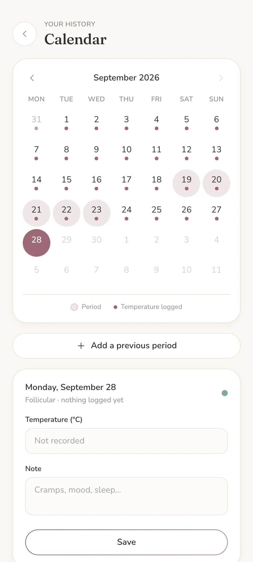 A month calendar with period days tinted and a dot on every day a temperature was logged.