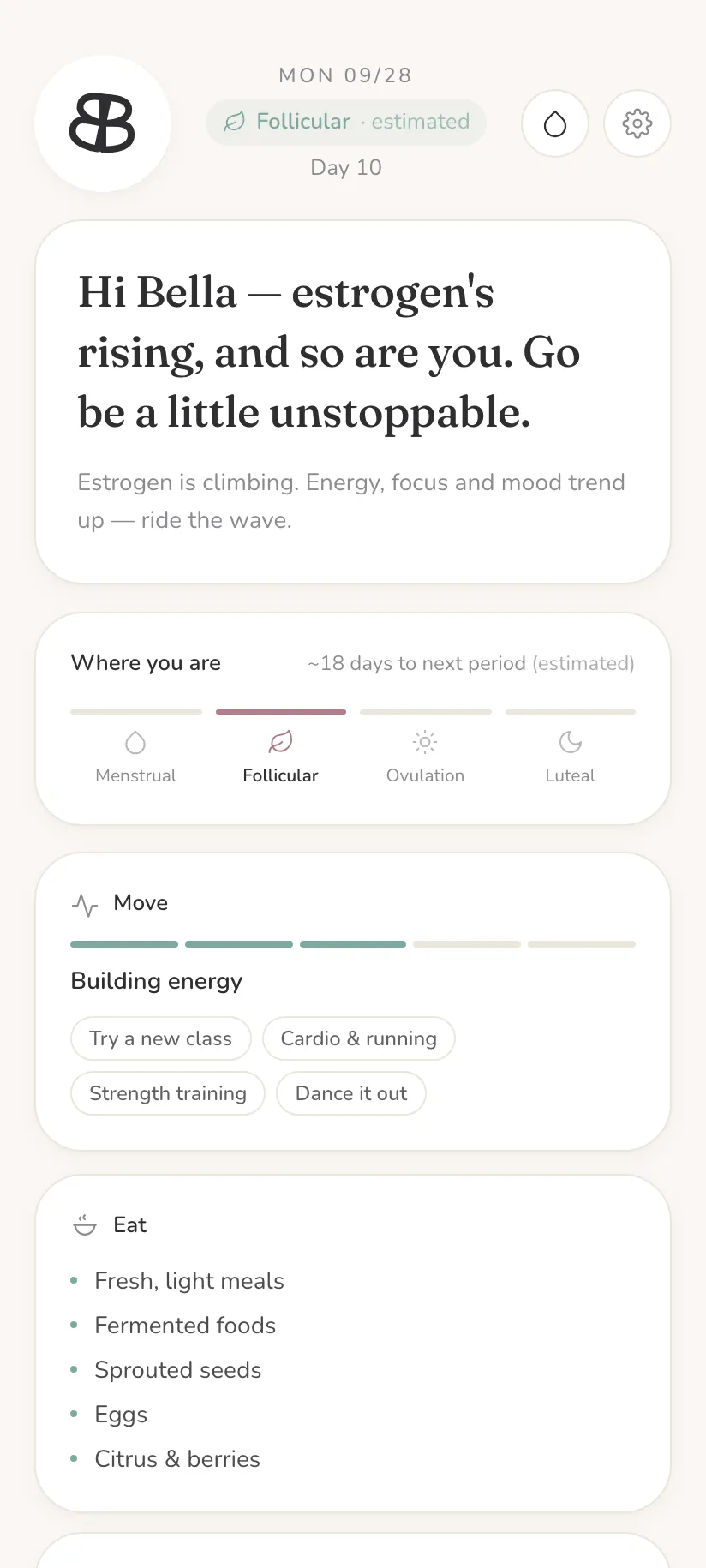 The Home screen: a phase-aware greeting, your cycle phase and days to the next period, then what to eat and how to train today.