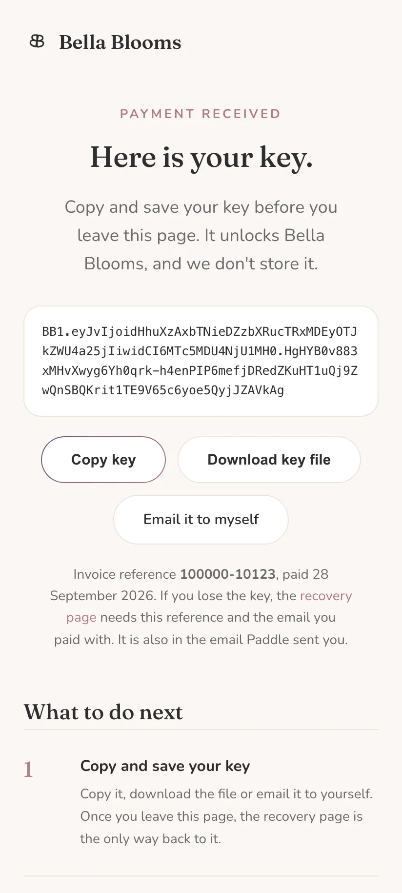 The page shown after payment: "Here is your key", the key itself, buttons to copy it, download it as a file or email it to yourself, and the invoice reference.