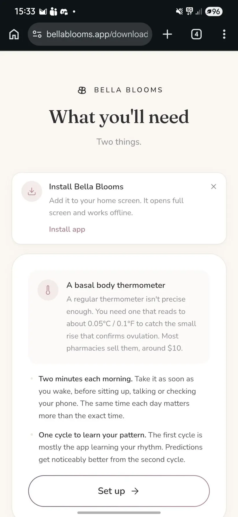 The Bella Blooms page in Chrome on Android, with an Install Bella Blooms banner and an Install app link at the top.