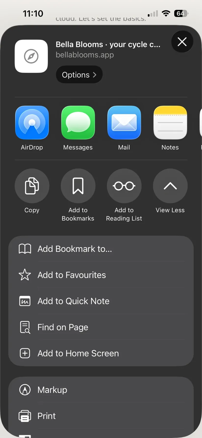 Safari's Share sheet on an iPhone: a row of apps at the top, then a list of actions with Add to Home Screen near the bottom of the first group.