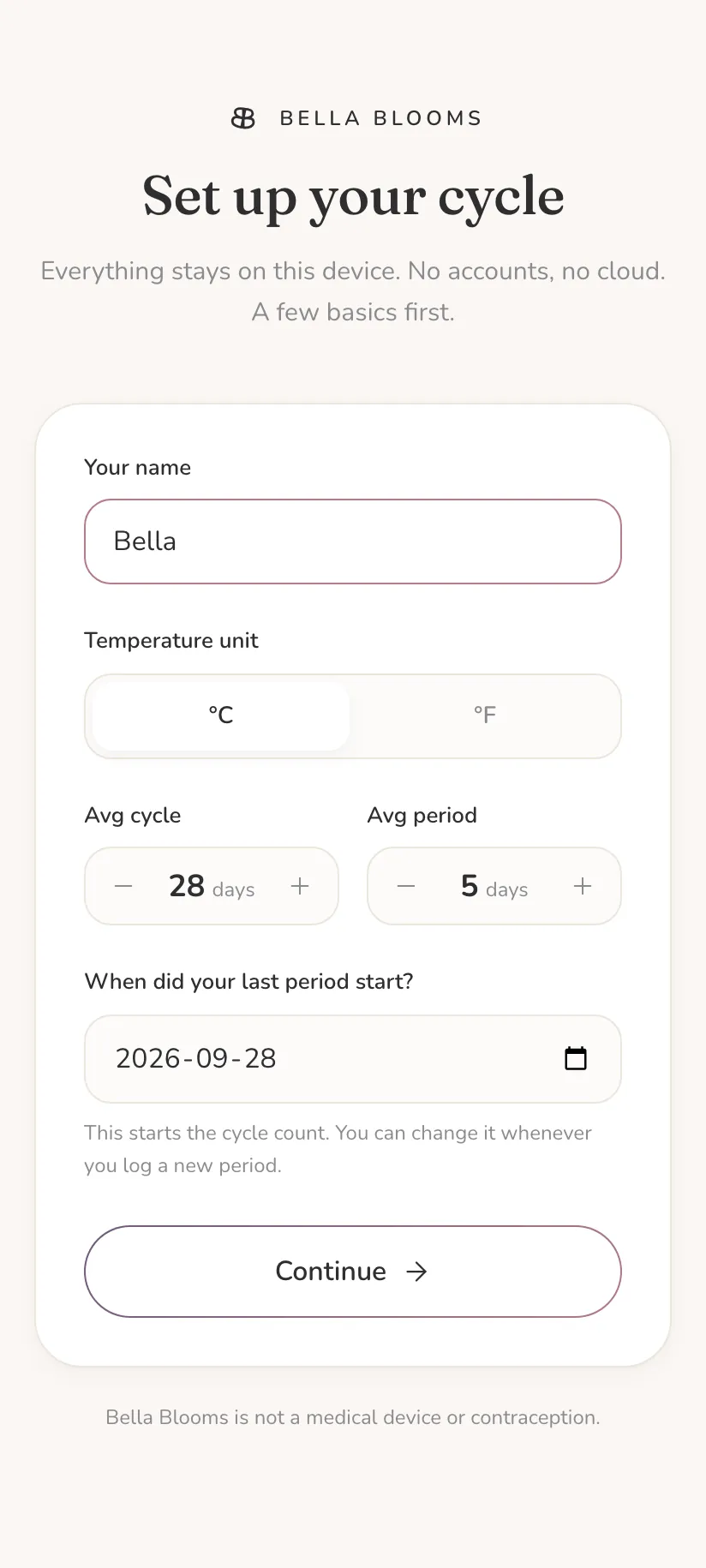 The first setup screen: your name, temperature unit, average cycle and period length, and when your last period started.